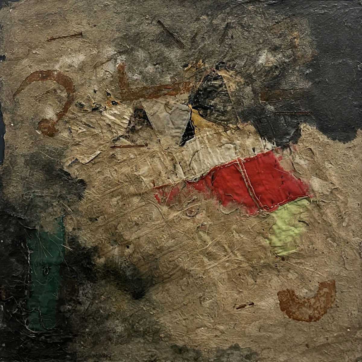 Original Mixed media 'Abstract Mixed Media Collage with Red Patch' by Mohammad Abu AlNaja