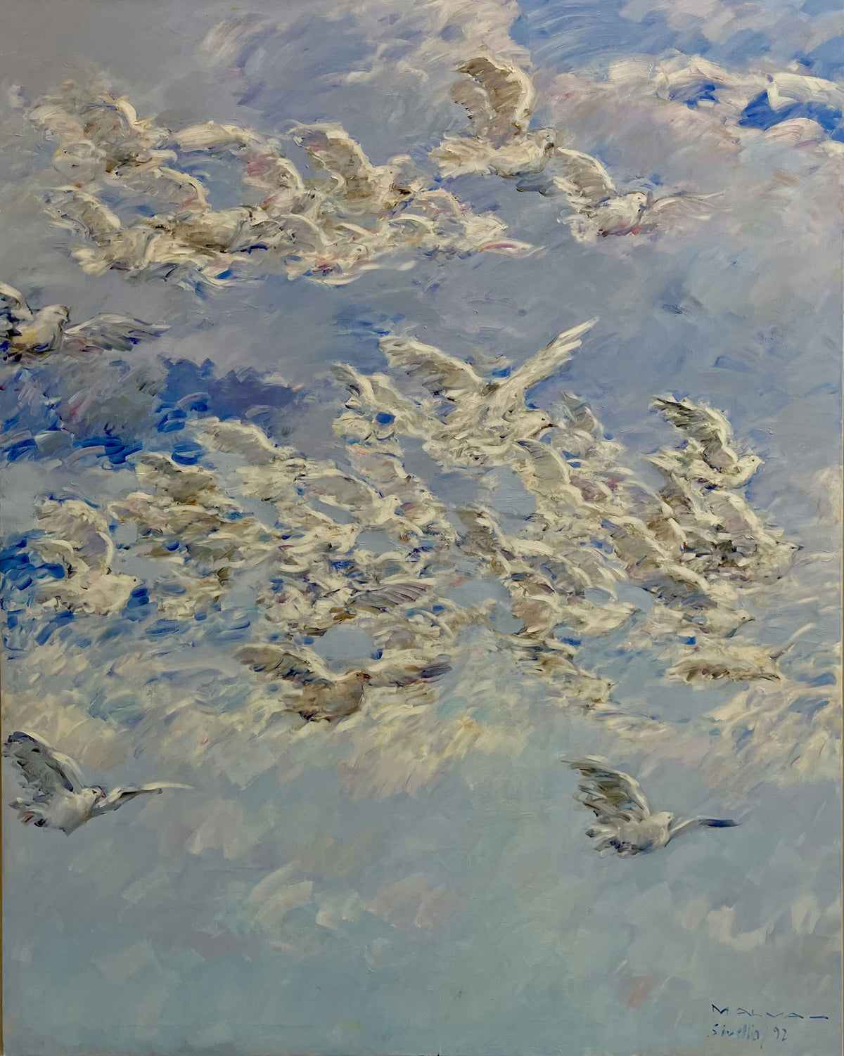Original Oil 'Flock of White Birds in Blue Sky' by Omar Hamdi Malva