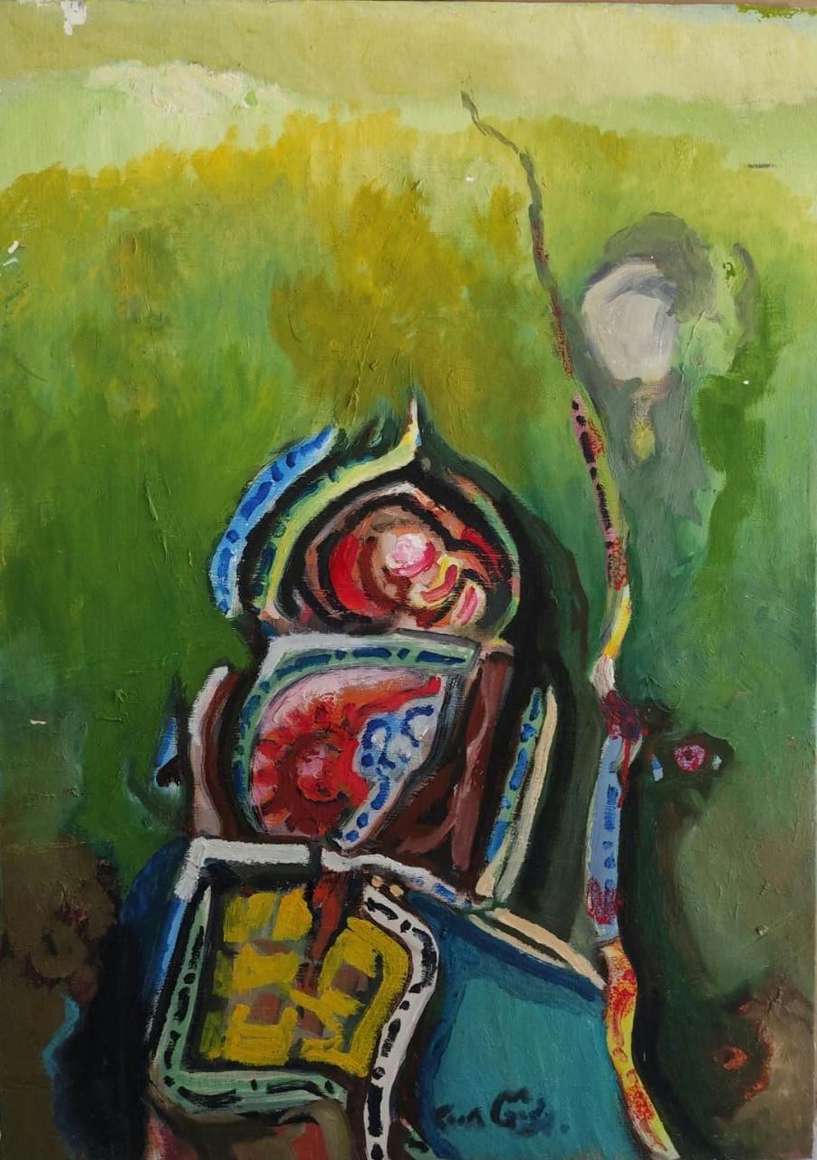 Original Oil 'Ornate Figure with Staff in Green' by Mohammad Bushnaq