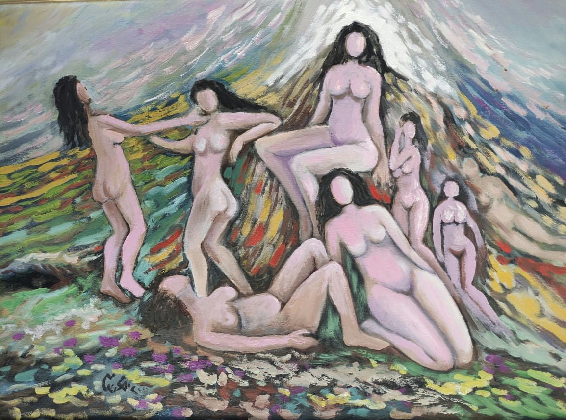 Original Oil 'Group of Female Nude Figures' by Mohammad Bushnaq