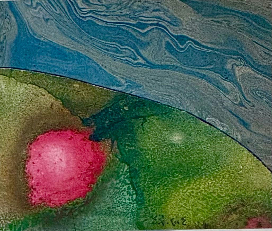 Original Watercolor 'Pink Bloom on Green Landscape' by Mohammad Bushnaq