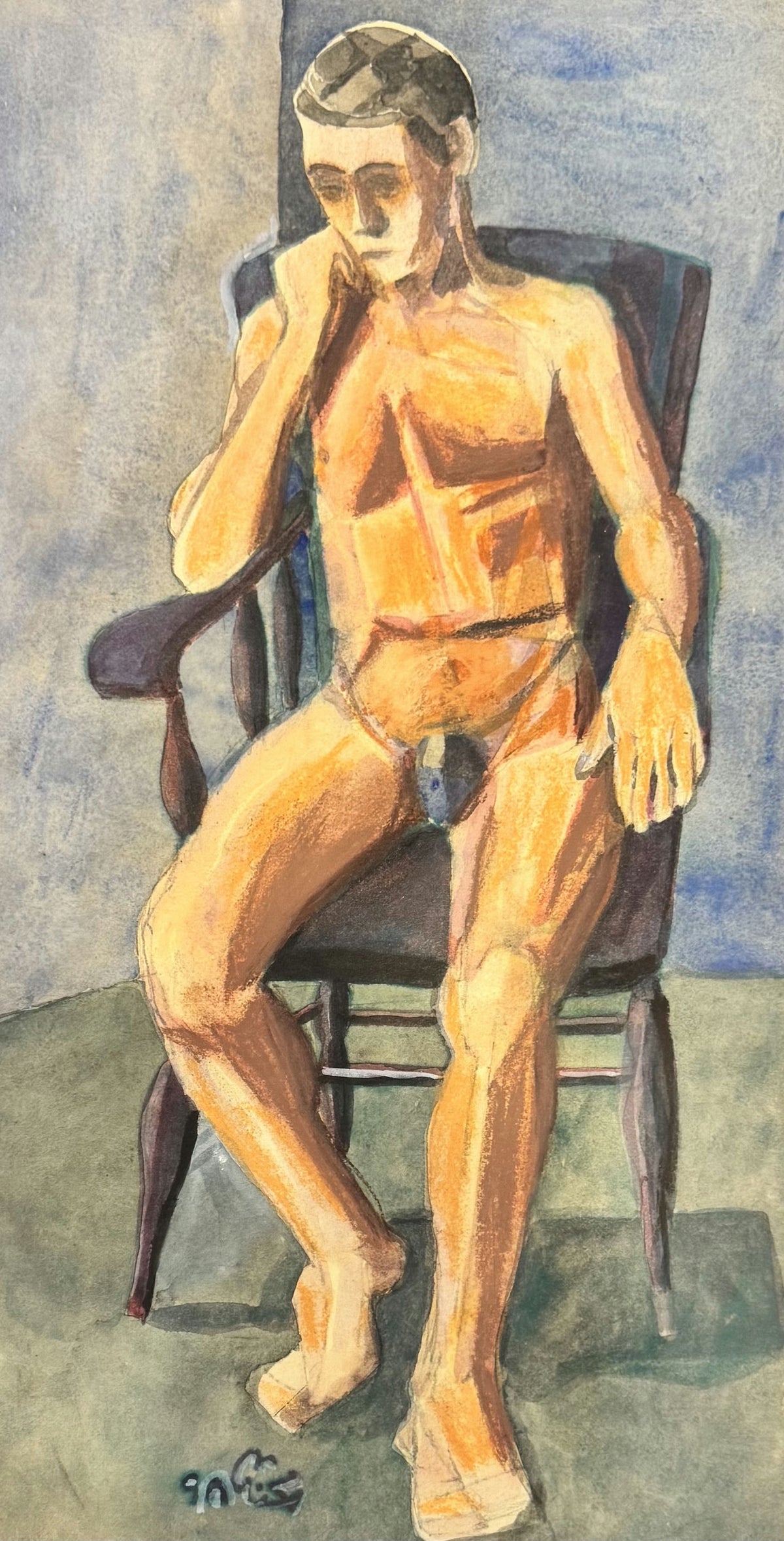 Original Mixed media 'Seated Male Nude on Wooden Chair' by Mohammad Bushnaq