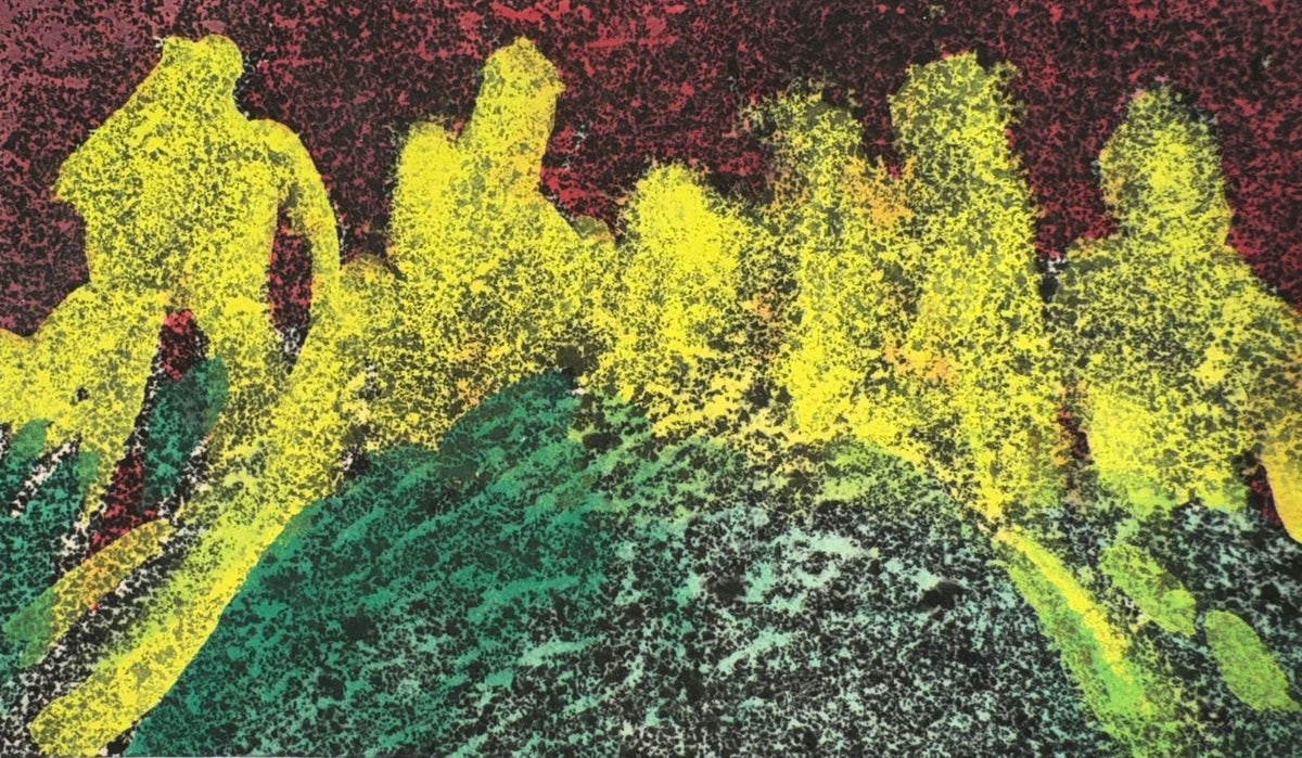 Original Mixed media 'Yellow Figures in Dark Background' by Mohammad Bushnaq