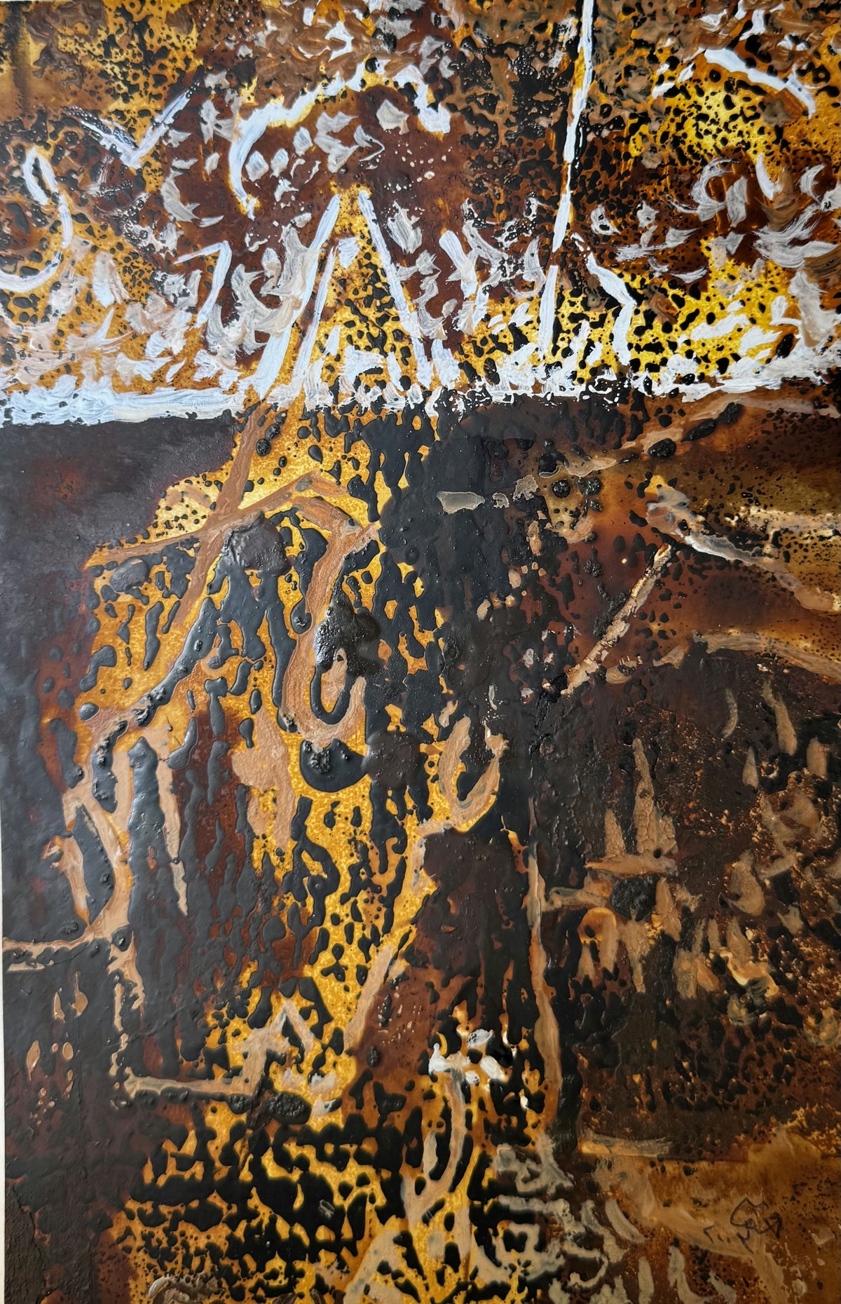 Original Mixed media 'Abstract Gold and Brown Textured Forms' by Mohammad Bushnaq