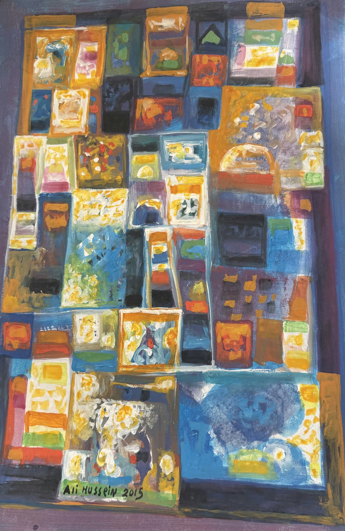 Original Watercolor 'Abstract Mosaic of Colourful Framed Panels' by Ali Hussein
