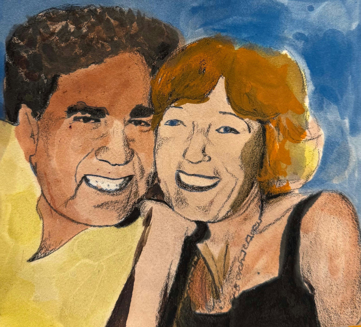 Original Watercolor 'Smiling Man and Woman Portrait' by Mohammad Bushnaq