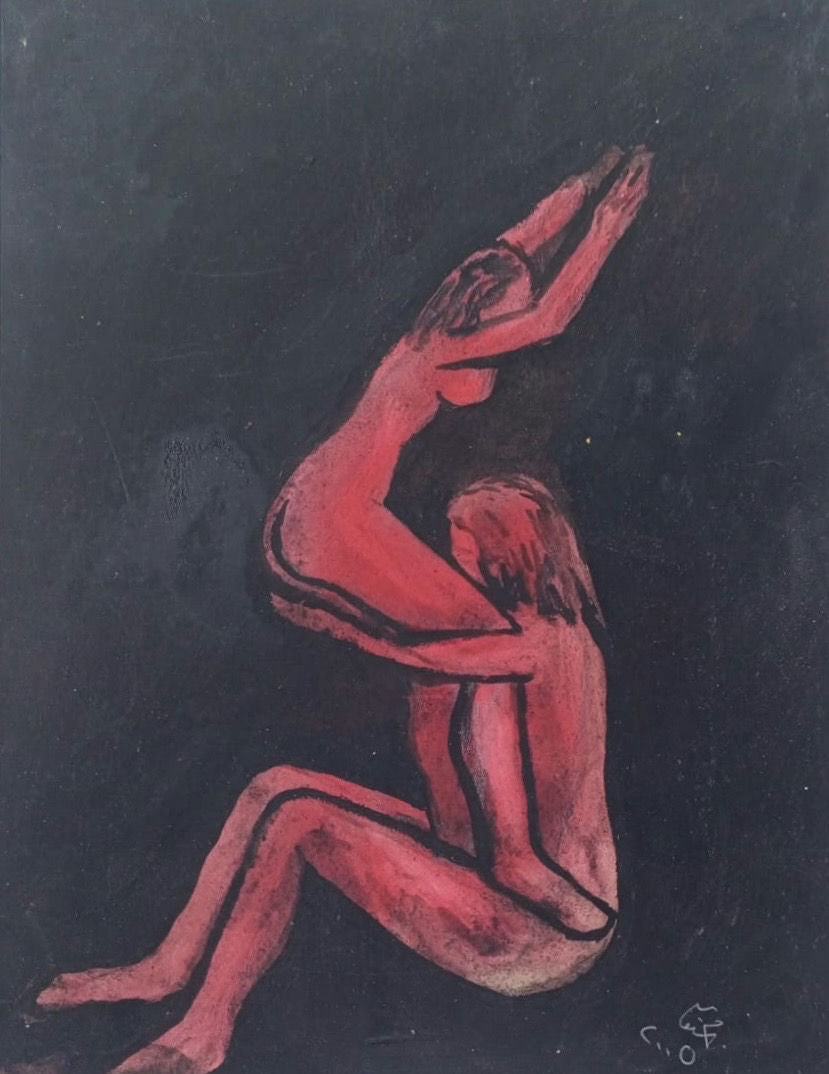 Original Watercolor 'Two Red Figures on Dark Background' by Mohammad Bushnaq