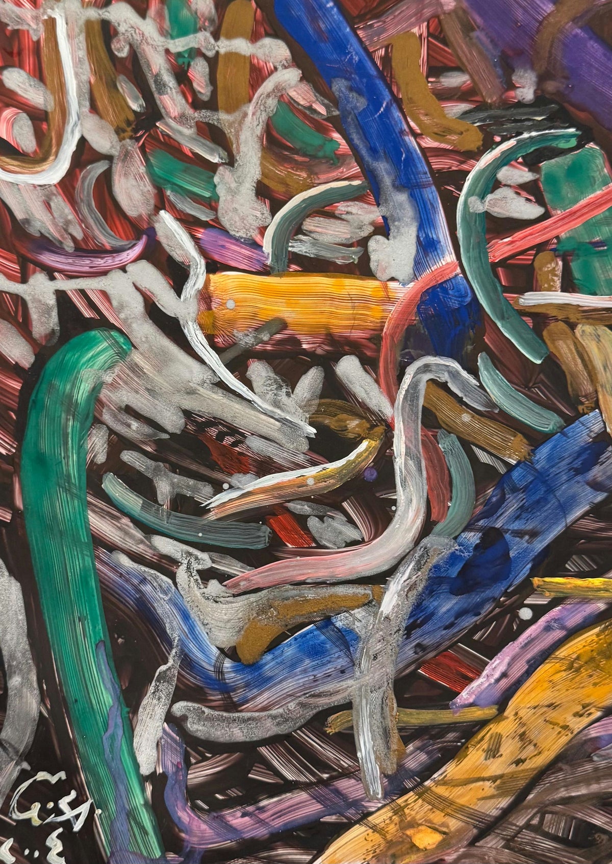 Original Watercolor 'Tangled Colourful Brushstrokes on Dark Ground' by Mohammad Bushnaq