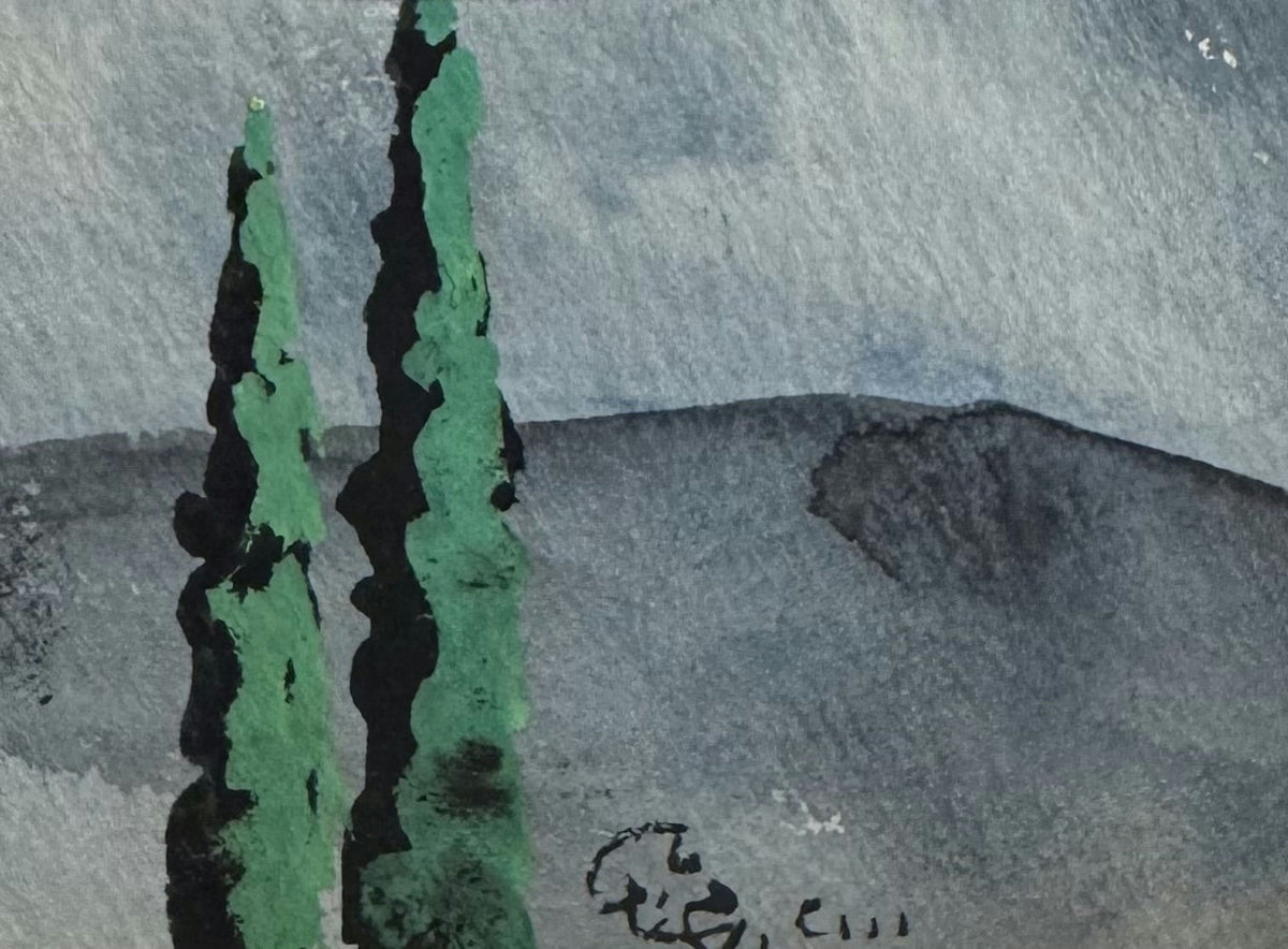 Original Mixed media 'Two Cypress Trees Before Grey Hills' by Mohammad Bushnaq