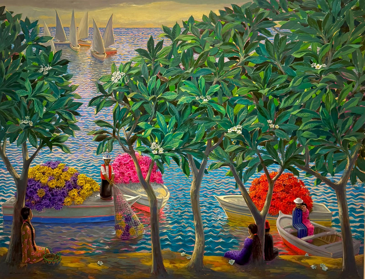 Original Mixed media 'Figures and Boats by Flowering Waterfront' by Adel Moustafa