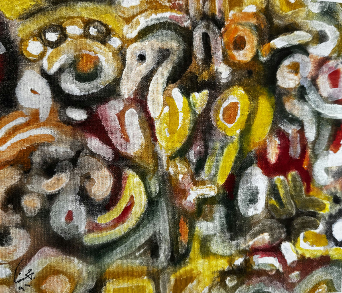 Original Mixed media 'Abstract Swirling Forms in Yellow and Red' by Mohammad Bushnaq