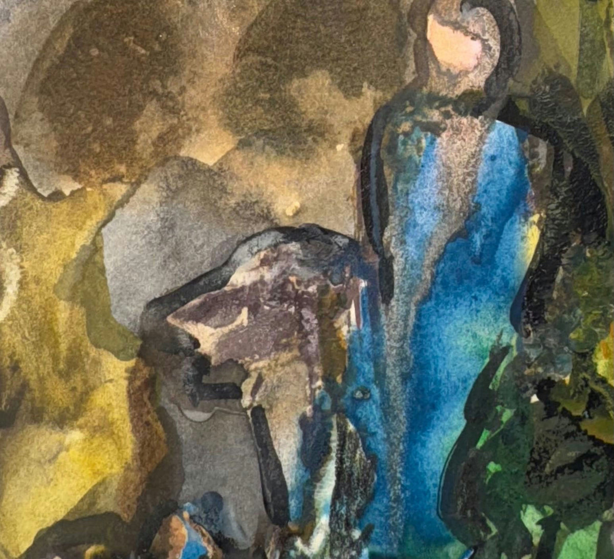 Original Mixed media 'Two Figures in Blue and Gold' by Mohammad Bushnaq