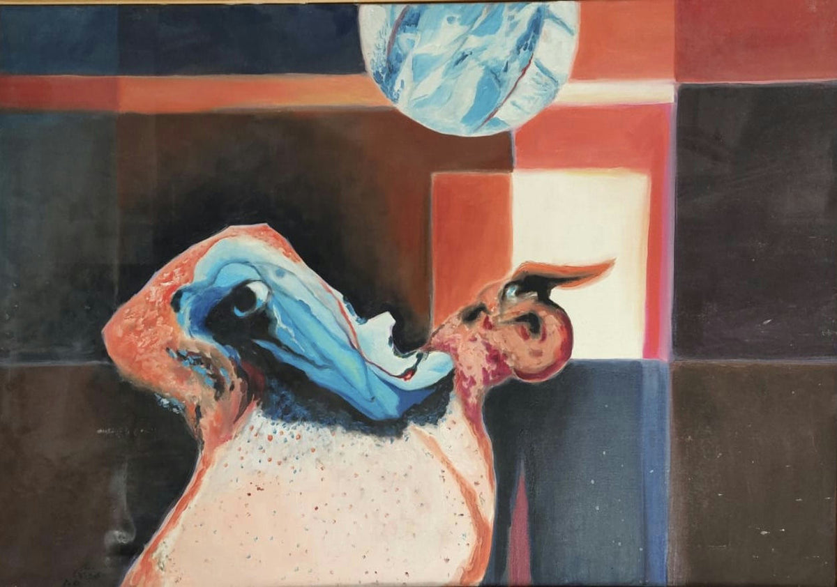 Original Oil 'Distorted Figure Reaching Toward Globe' by Mohammad Bushnaq