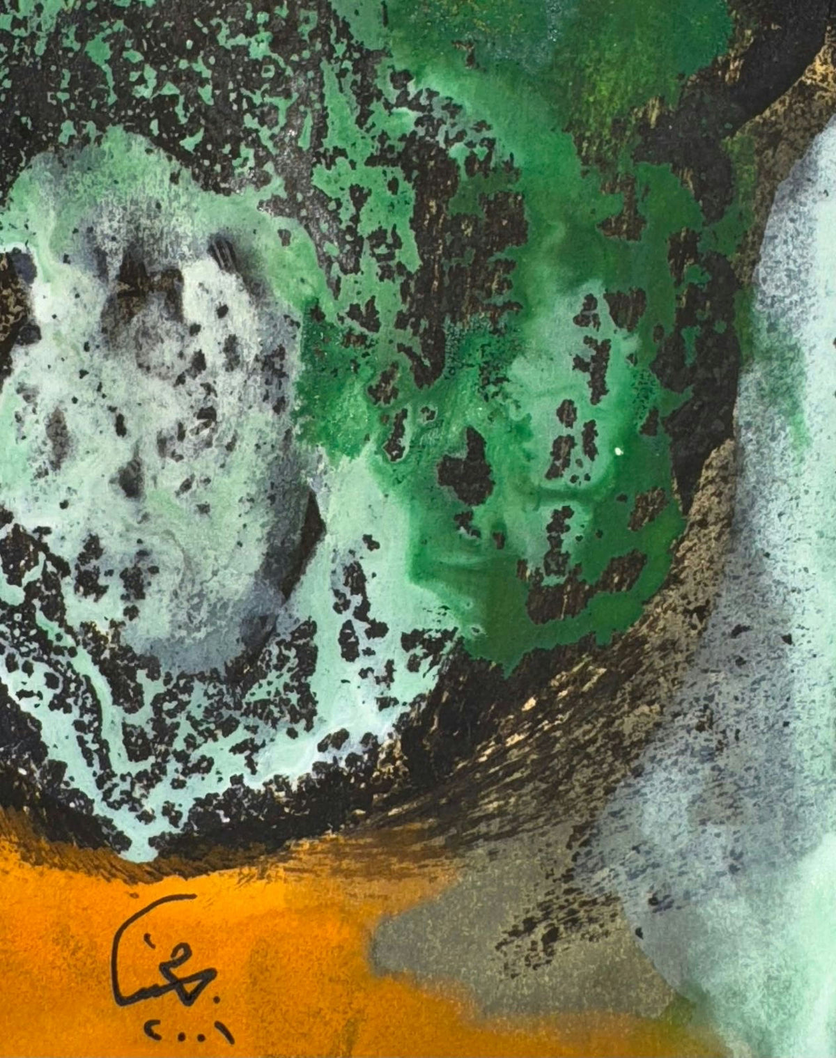 Original Mixed media 'Green Black and Orange Abstract' by Mohammad Bushnaq