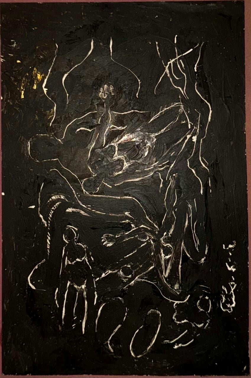 Original Mixed media 'White Line Figures on Black' by Mohammad Bushnaq