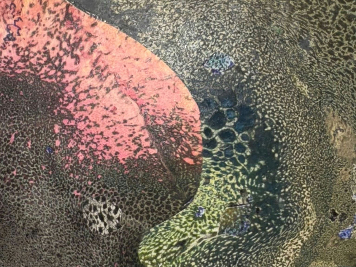 Original Mixed media 'Abstract Textured Forms in Pink and Green' by Mohammad Bushnaq