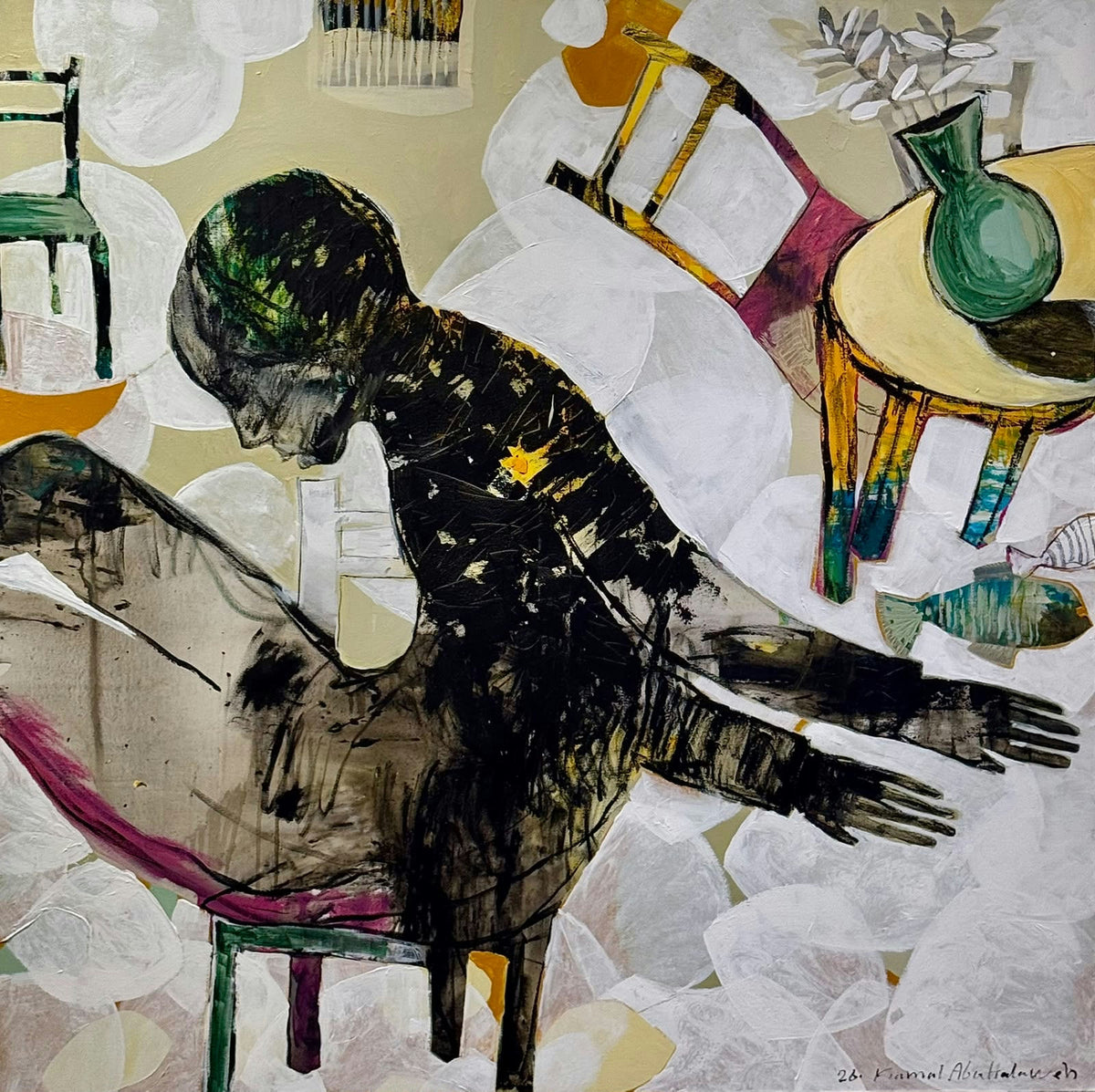 Original Acrylic 'Dark Figure Seated Among Colorful Objects' by Kamal Abu Halawa
