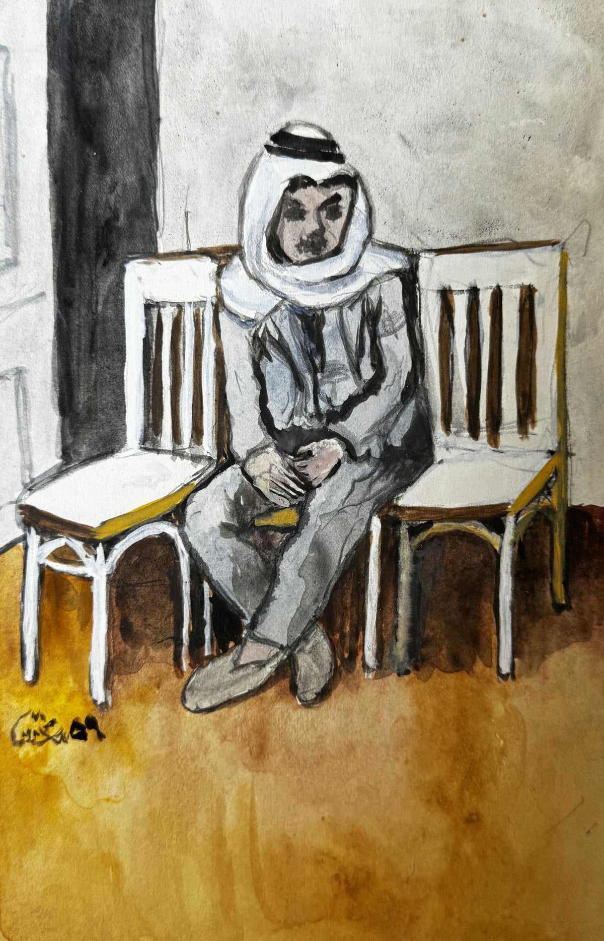 Original Mixed media 'Seated Arab Man Between Two Chairs' by Mohammad Bushnaq
