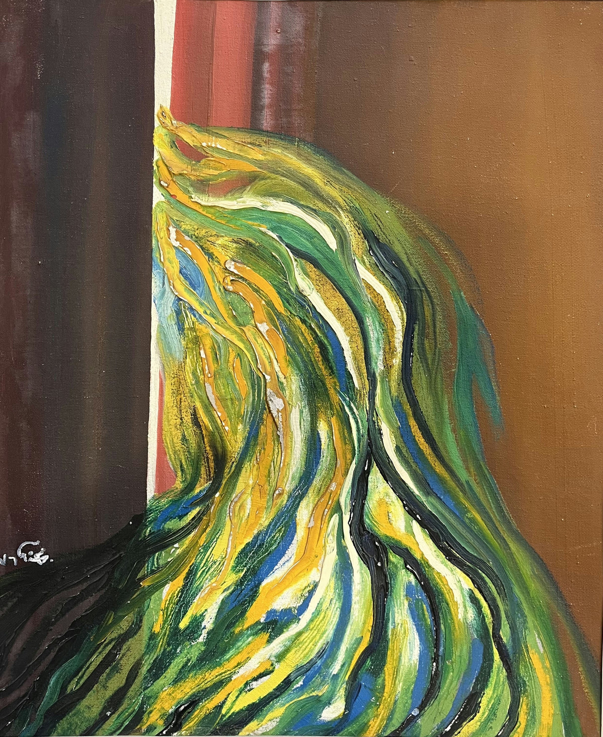 Original Mixed media 'Flowing Green and Yellow Abstract Form' by Mohammad Bushnaq