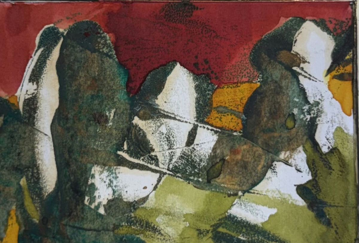 Original Mixed media 'Abstract Red and Green Landscape Forms' by Mohammad Bushnaq