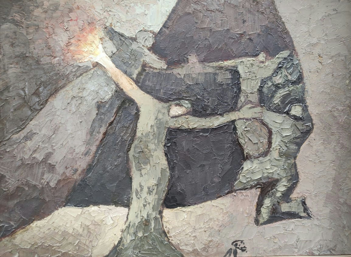 Original Acrylic 'Two Figures Reaching Toward Tree' by Mohammad Bushnaq