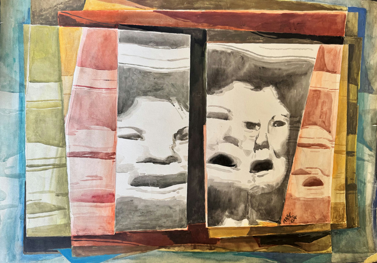 Original Mixed media 'Two Expressive Faces Framed in Panels' by Mohammad Bushnaq