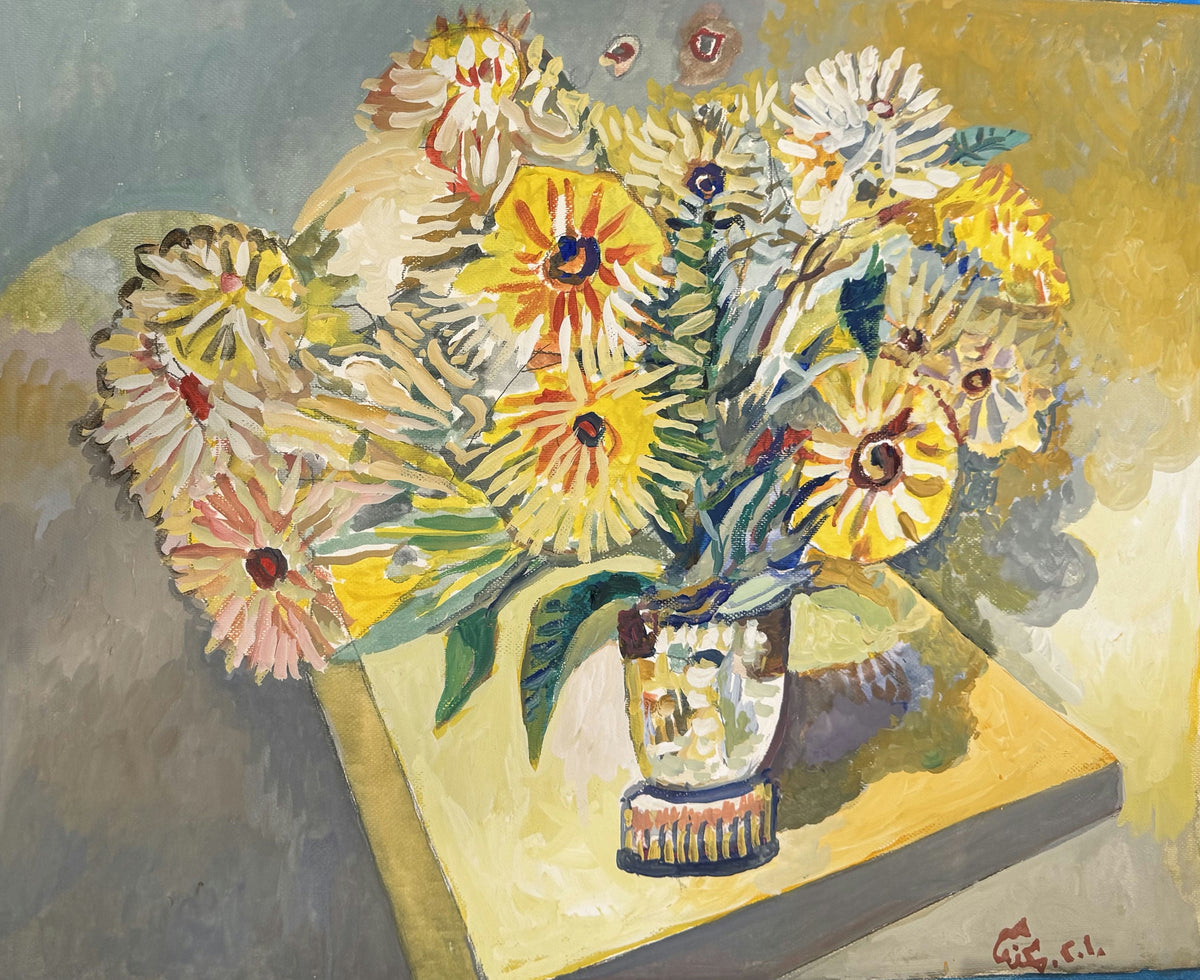 Original Mixed media 'Yellow Flowers in Decorative Vase' by Mohammad Bushnaq