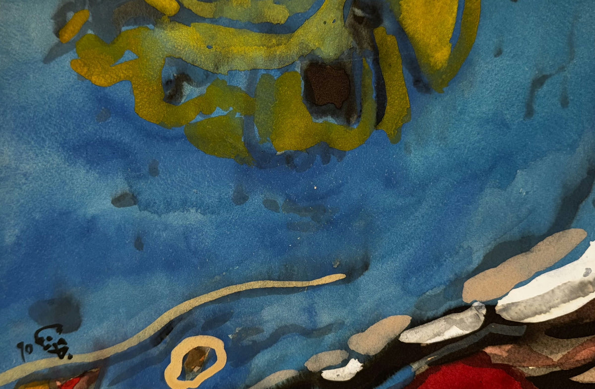 Original Mixed media 'Blue Abstract with Yellow and Red' by Mohammad Bushnaq