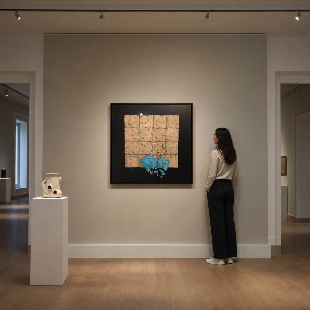 Grid Wall with Broken Blue Tiles - shown to scale