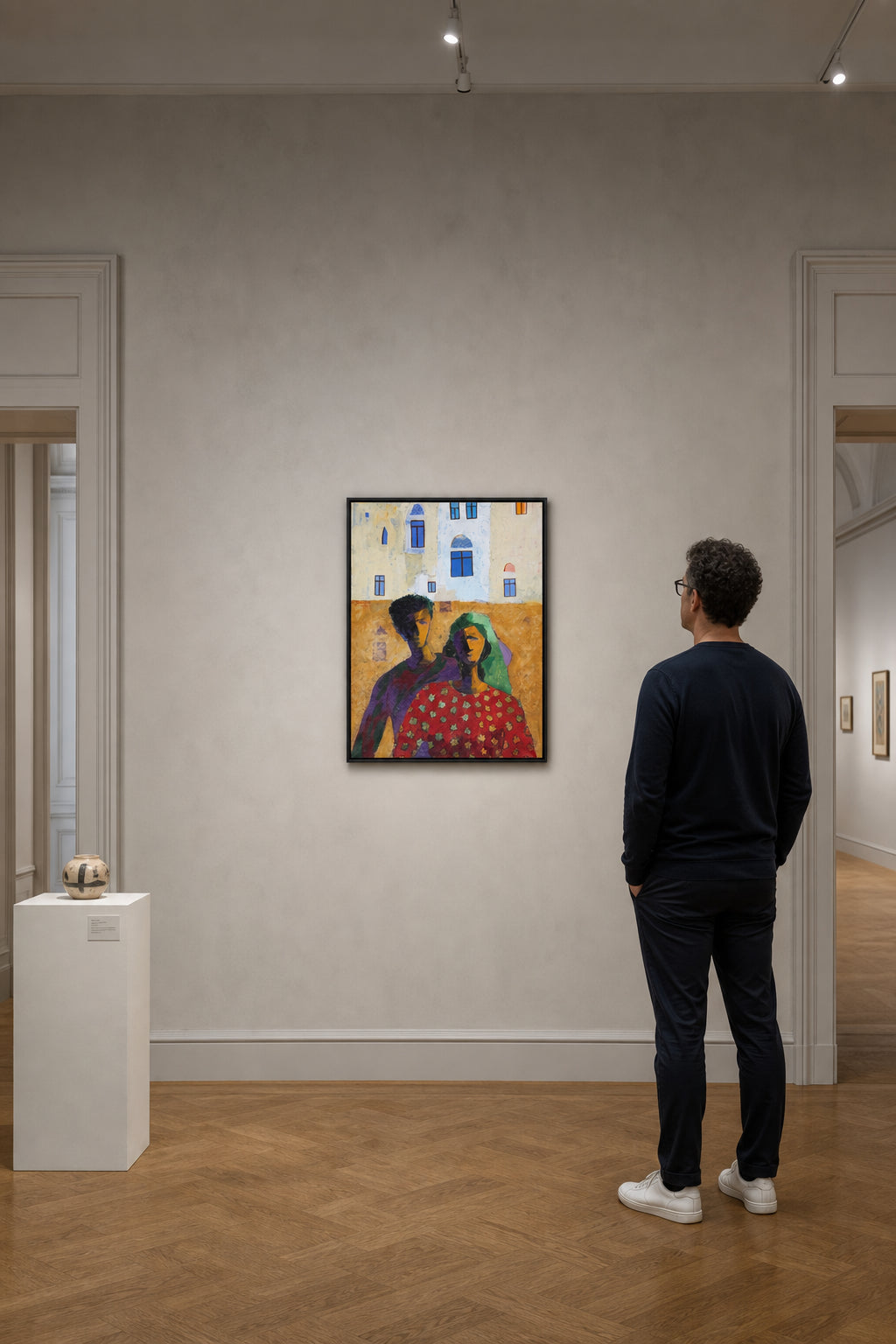 Man and Woman Before Yemeni Building - shown to scale