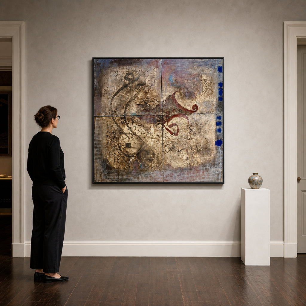 Abstract Mixed Media on Wooden Board - shown to scale
