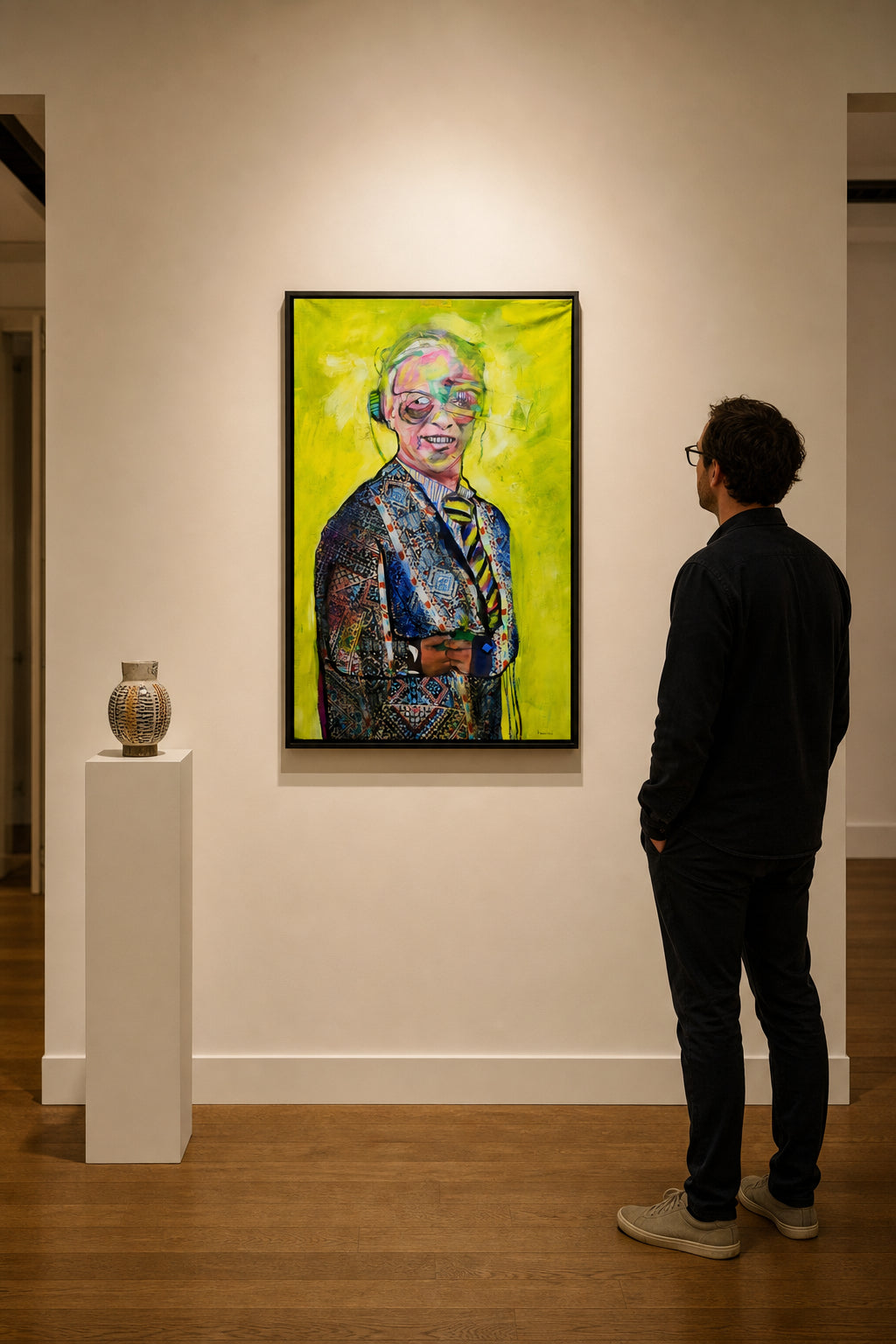 Child in Patterned Coat on Yellow - shown to scale