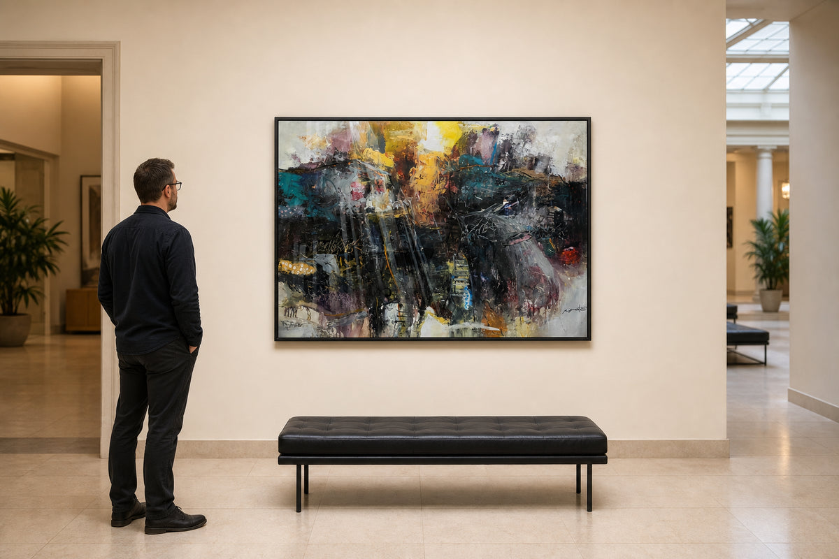 Dark Abstract with Yellow and Teal - shown to scale