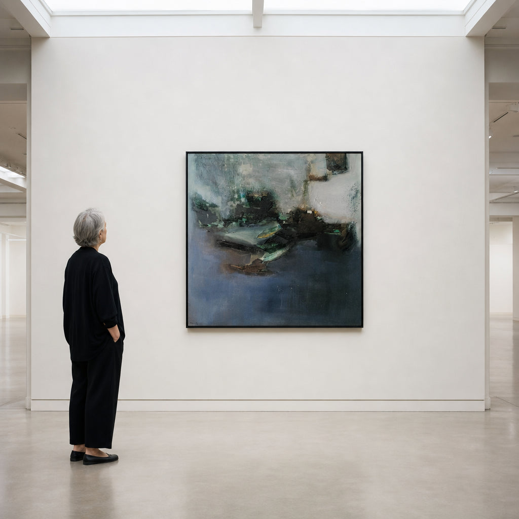 Dark Abstract Landscape in Blue Green - shown to scale