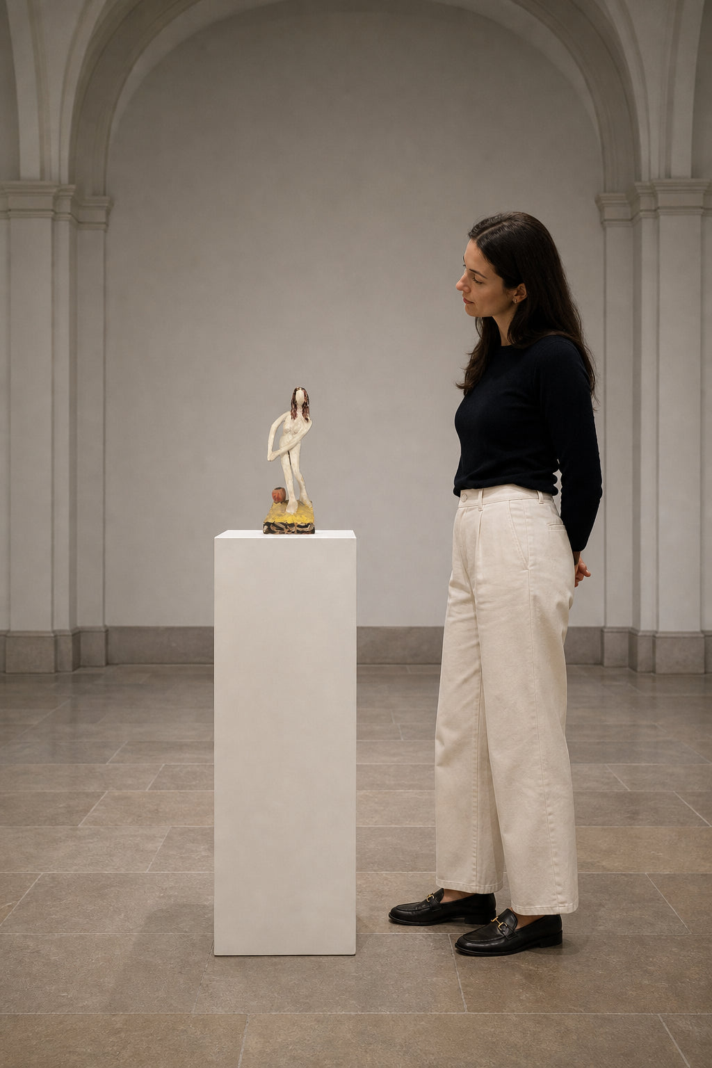 Standing Female Figure with Red Apple - shown to scale