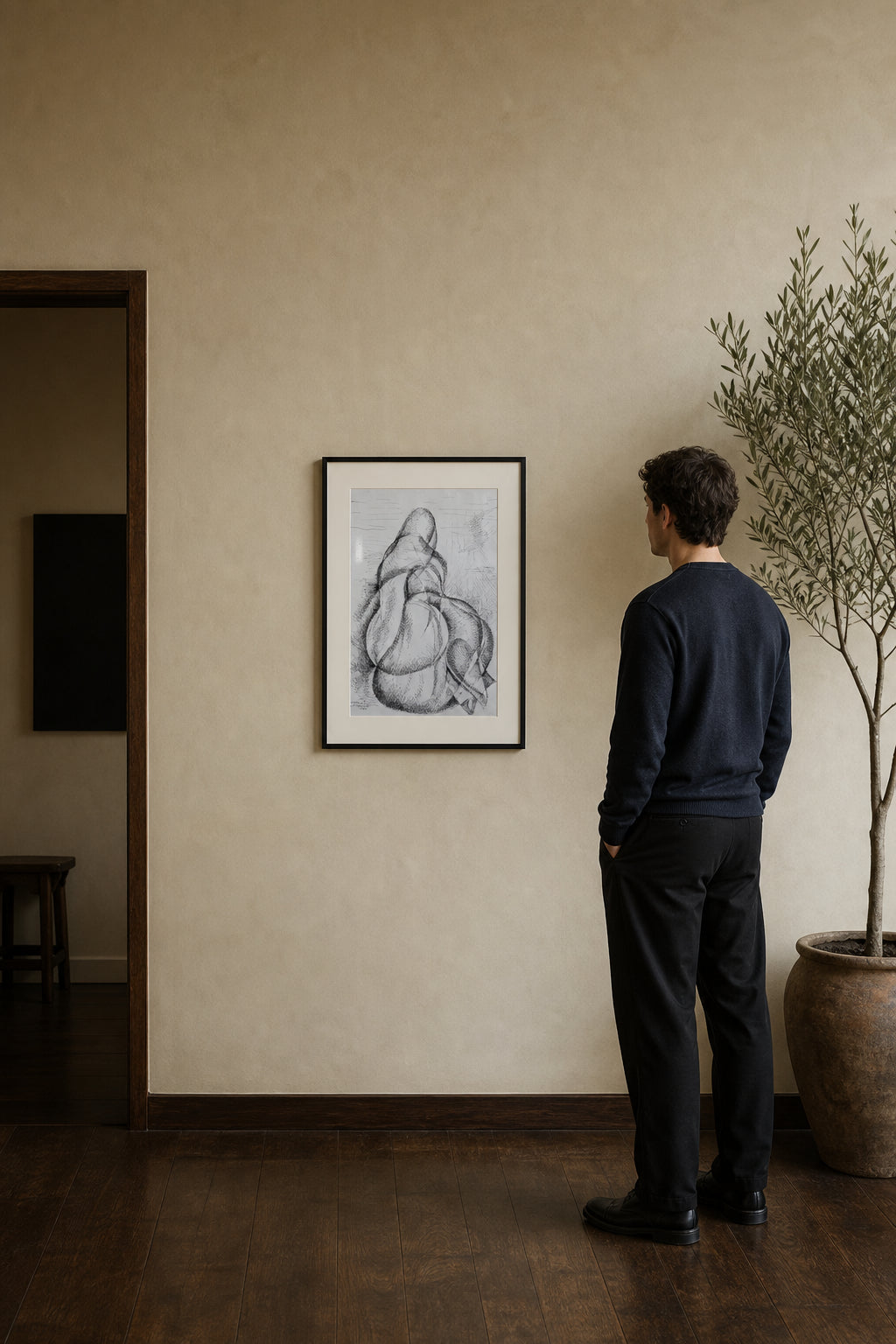 Seated Nude Figure Ink Drawing - shown to scale