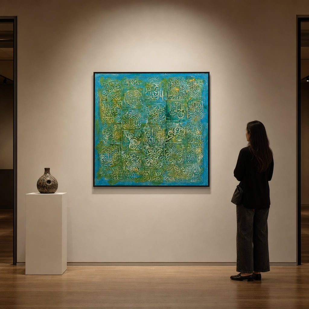 Arabic Calligraphy Grid on Teal Ground - shown to scale