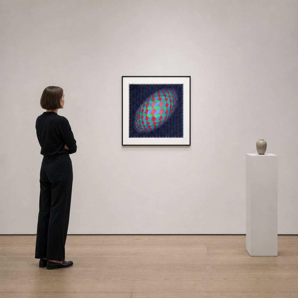 Blue Red Green Geometric Sphere Op Art - shown to scale