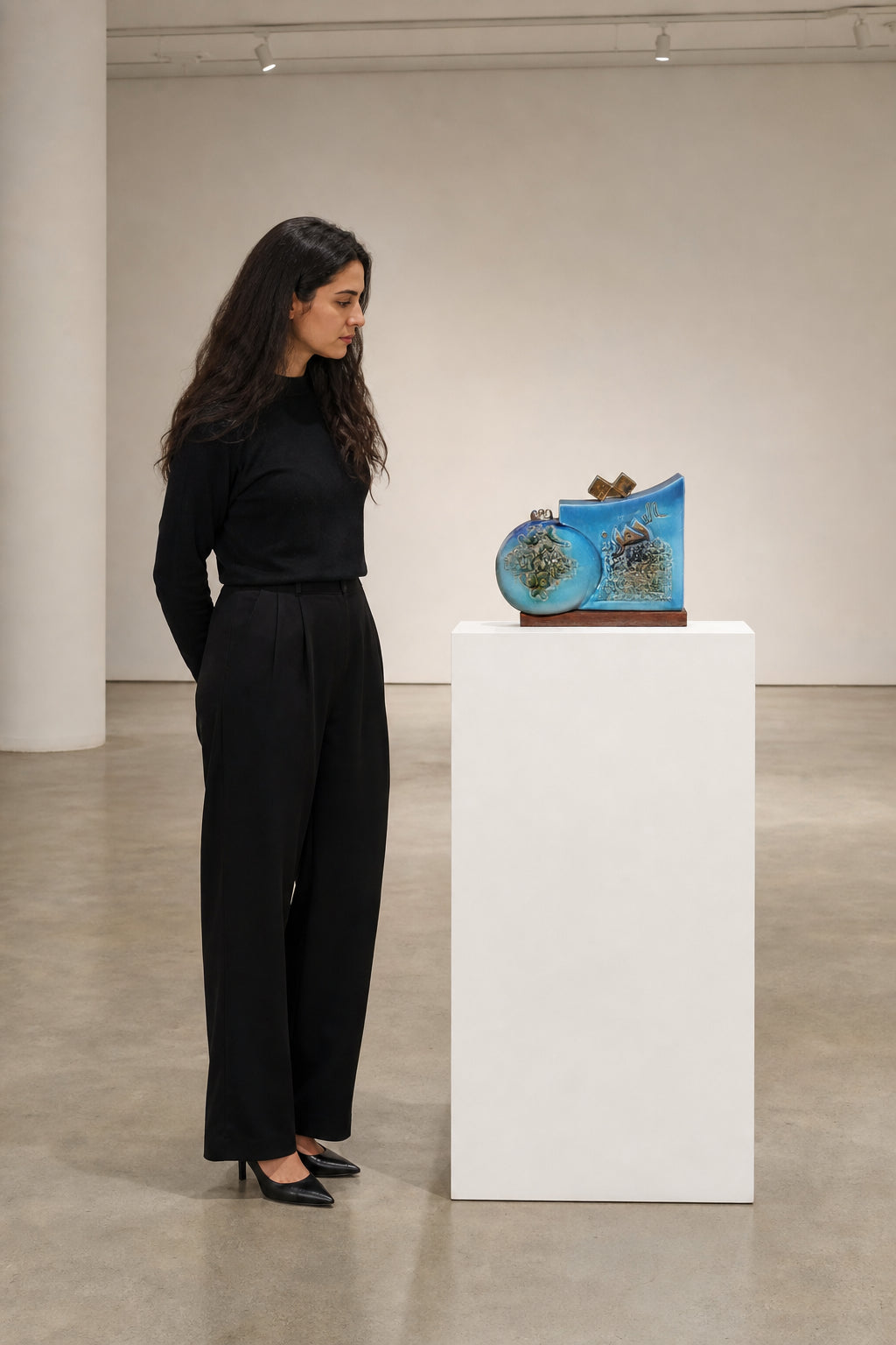 Blue Ceramic Sculpture with Arabic Calligraphy - shown to scale