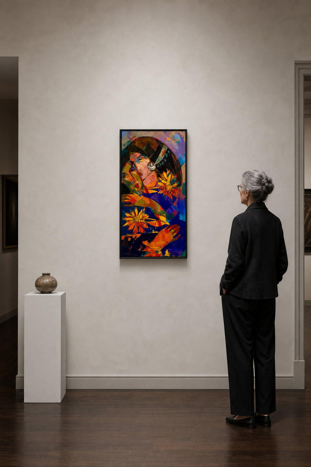 Woman Holding Bright Flowers - shown to scale