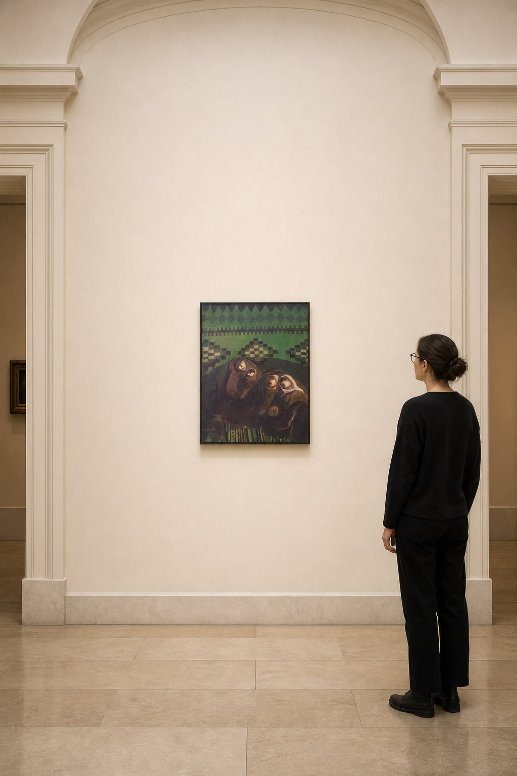 Seated Figures Against Geometric Green Wall - shown to scale