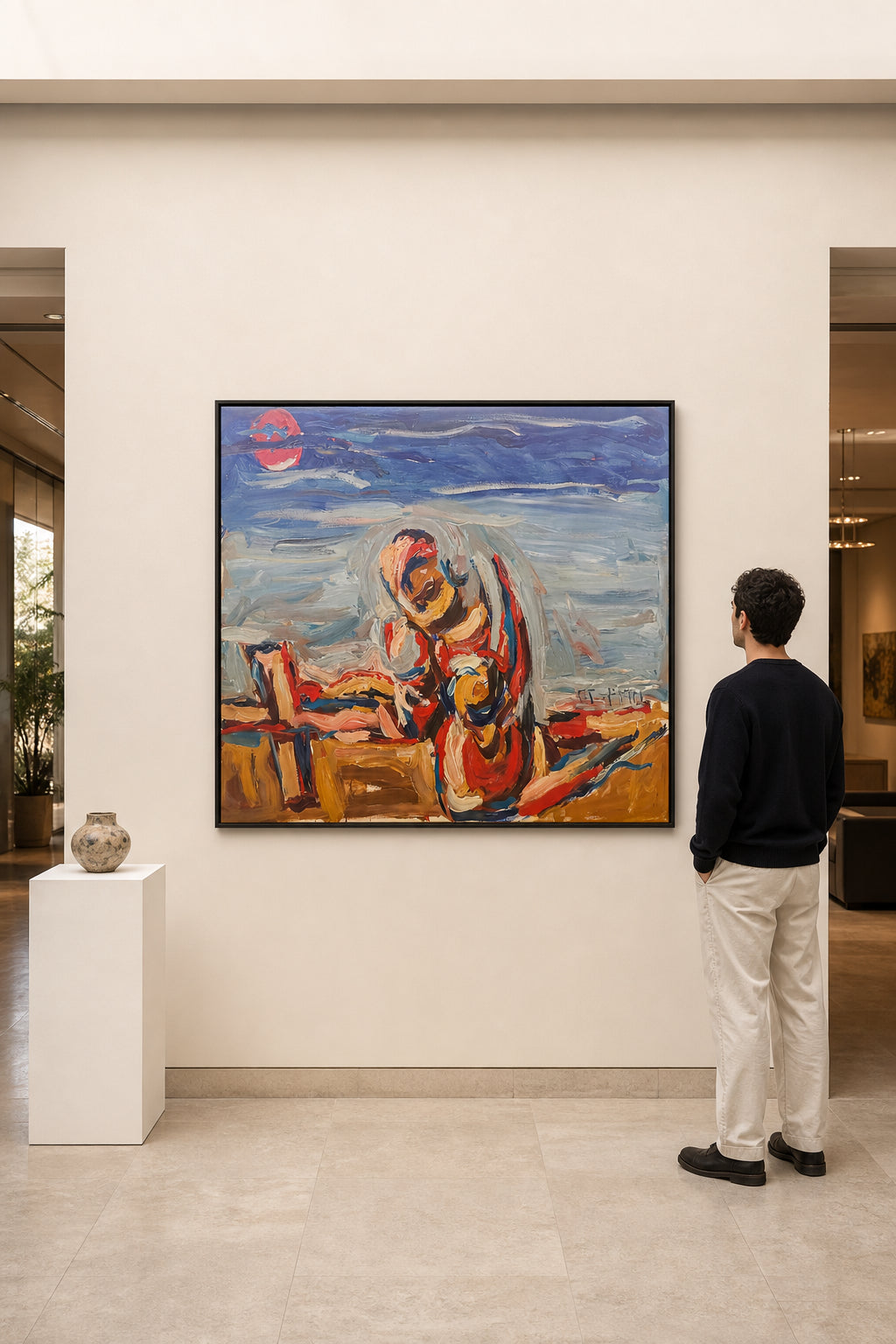 Woman Holding Child Under Red Moon - shown to scale