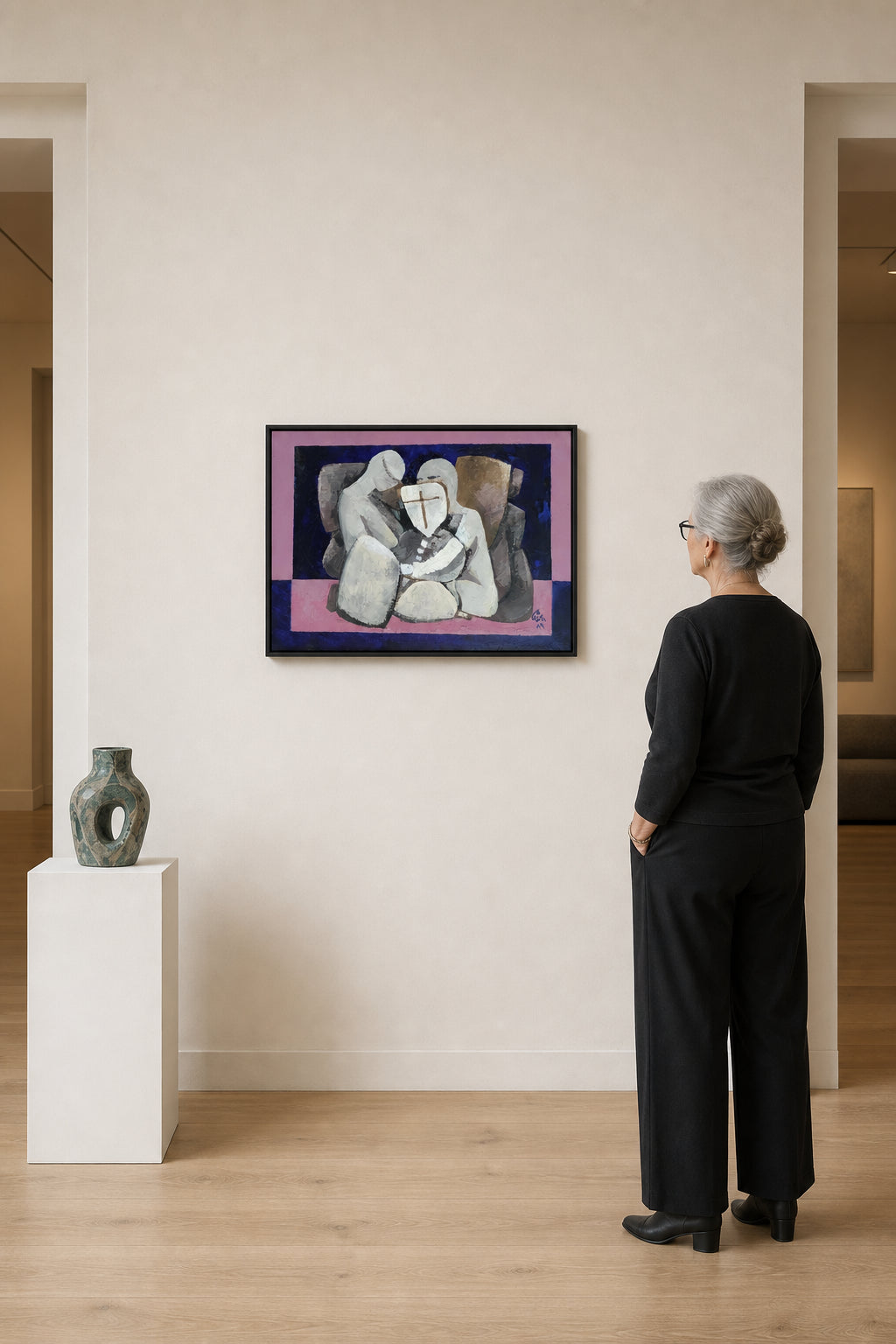 Cubist Figures Gathered Around Cross - shown to scale