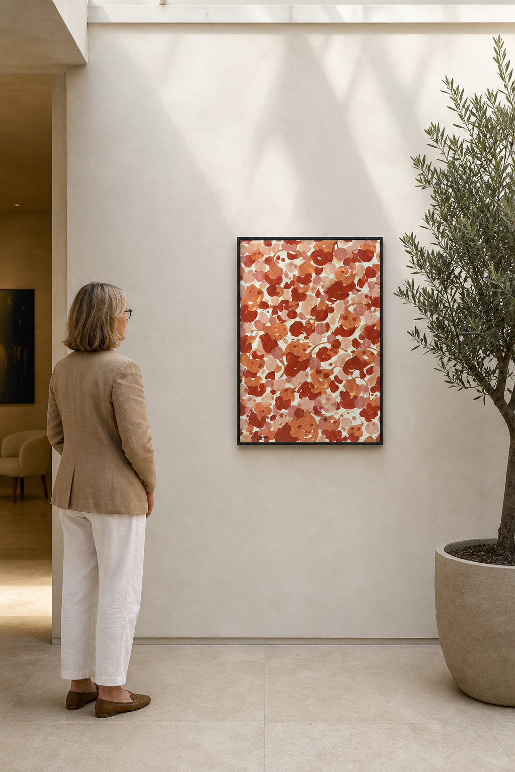 Red and Pink Abstract Splashes on White - shown to scale