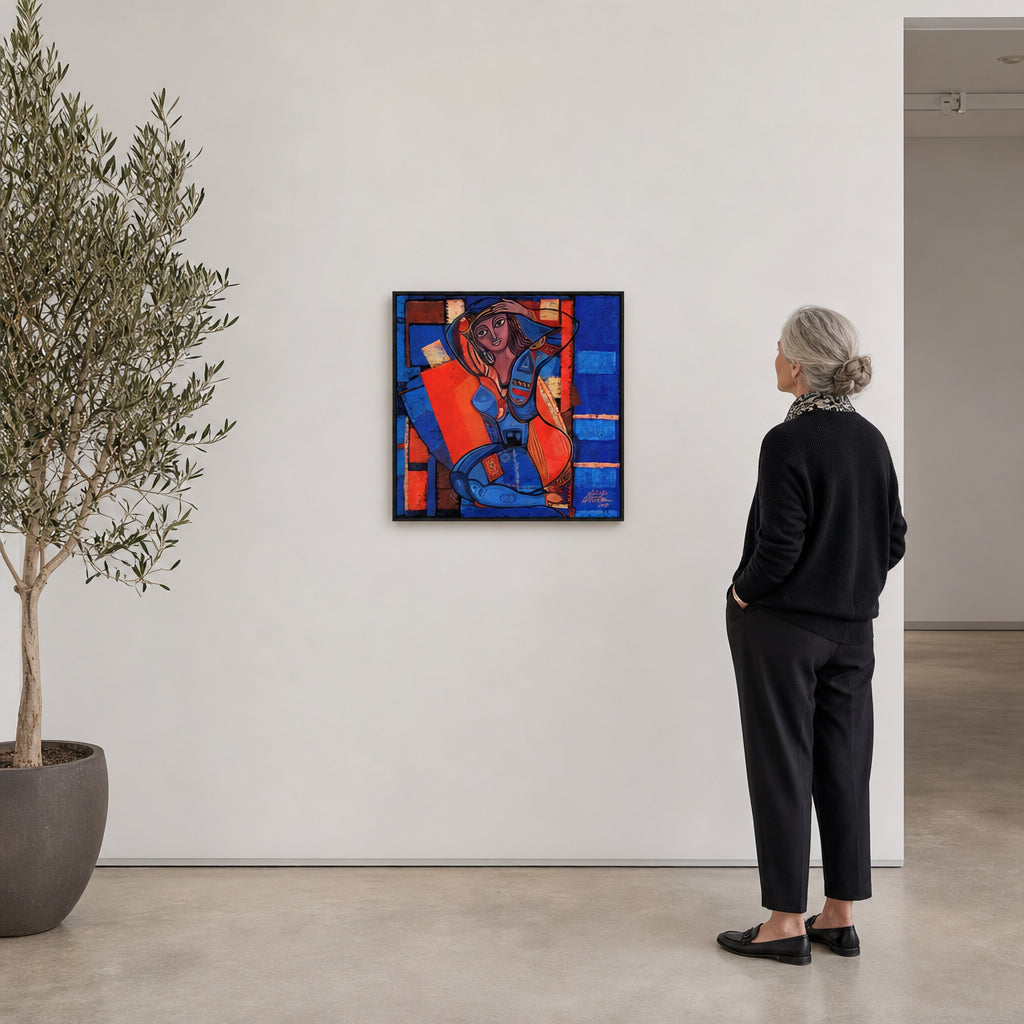 Seated Woman in Blue and Red - shown to scale