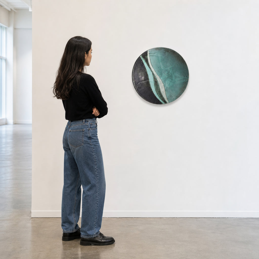 Round Ceramic Plate Teal Dark Glaze - shown to scale