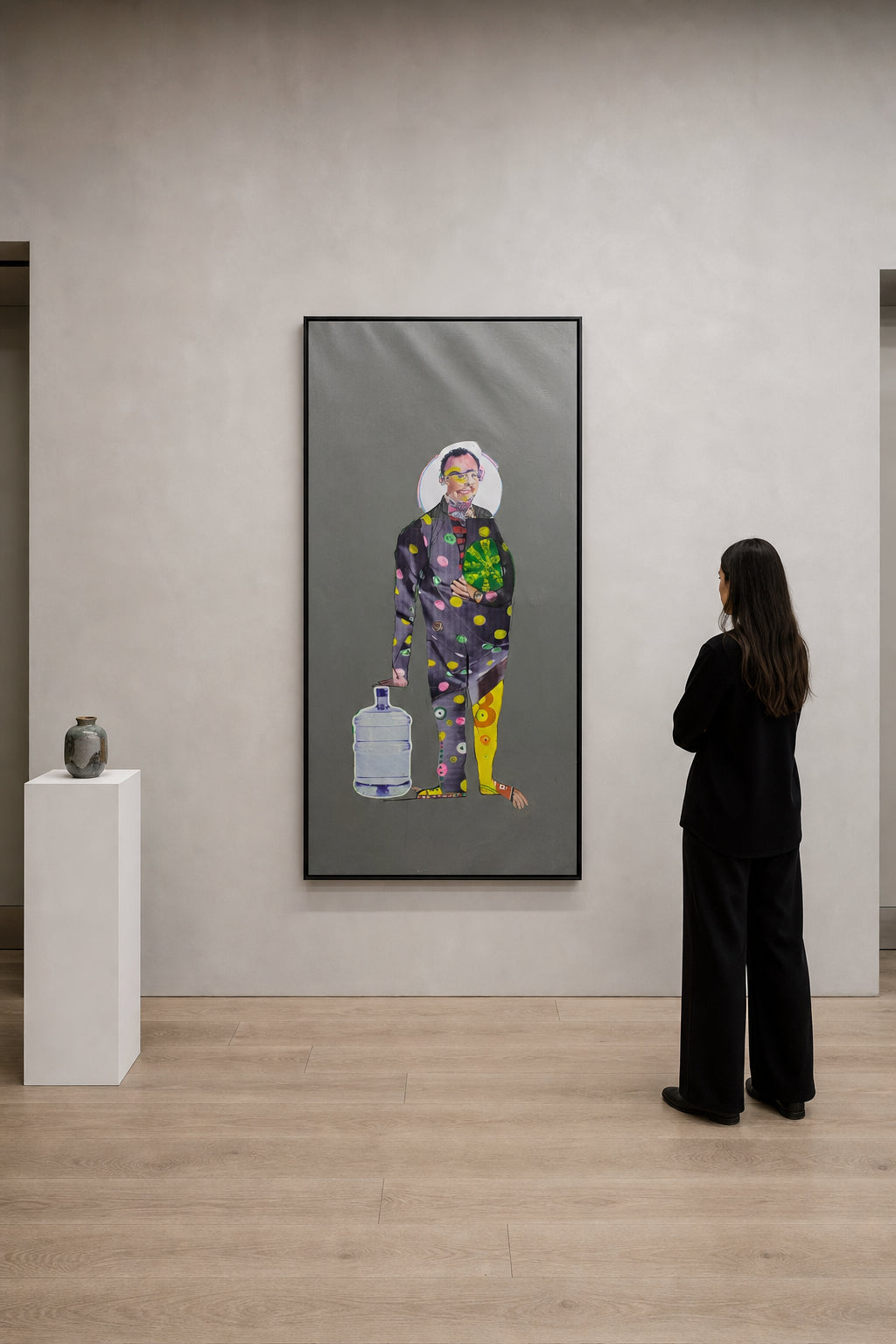 Suited Figure with Water Jug and Dots - shown to scale