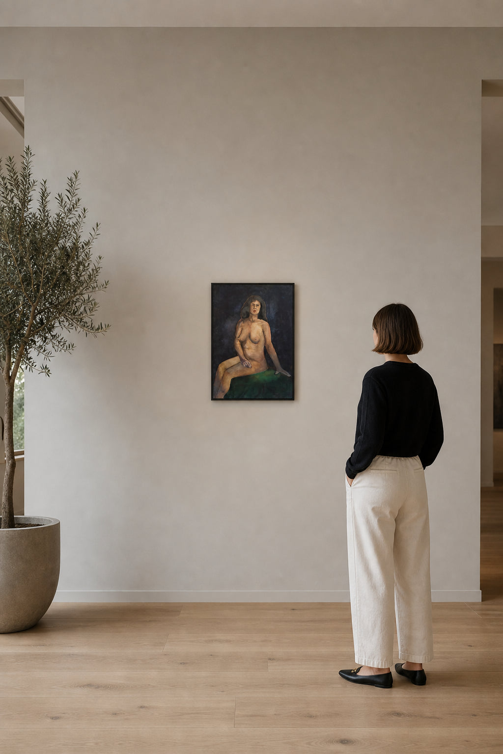Seated Nude Woman on Green Surface - shown to scale