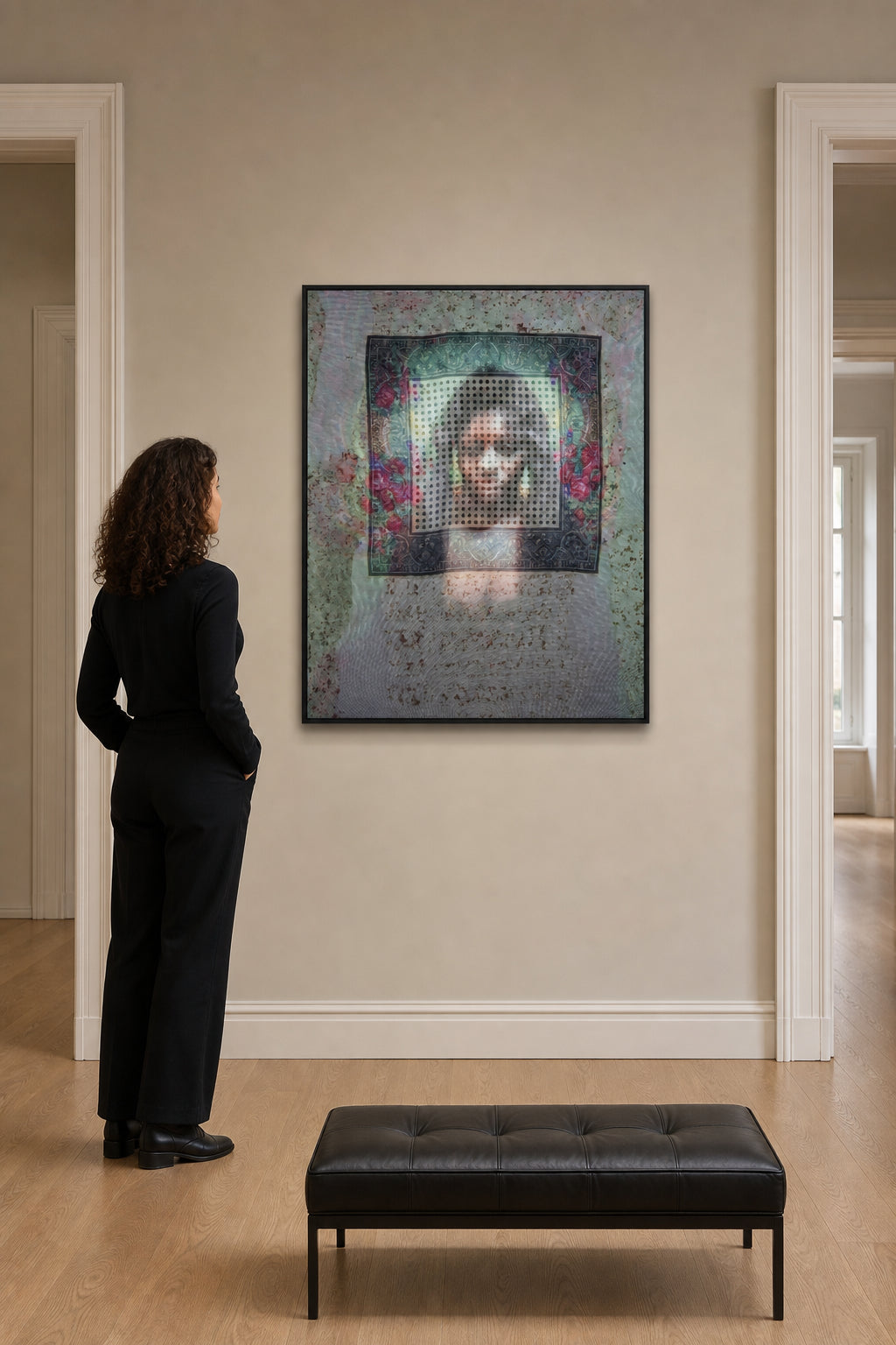 Portrait Face on Floral Patterned Fabric - shown to scale