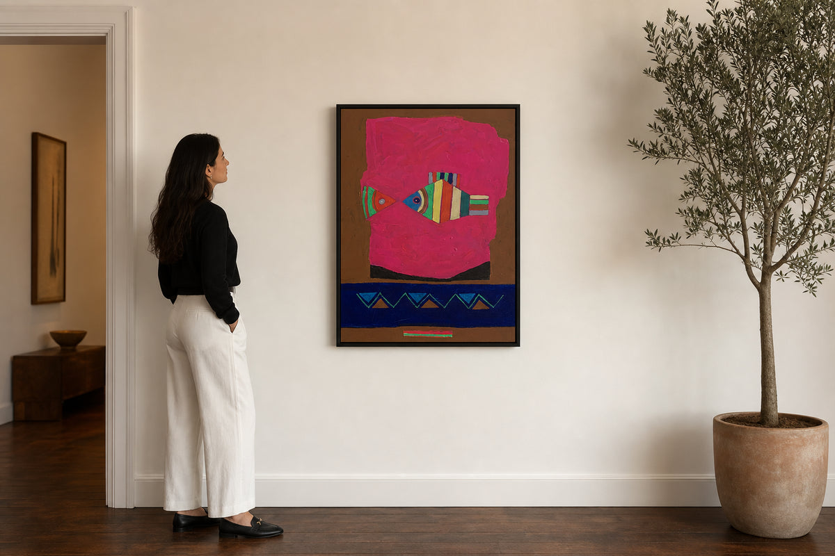 Two Striped Fish on Pink Ground - shown to scale